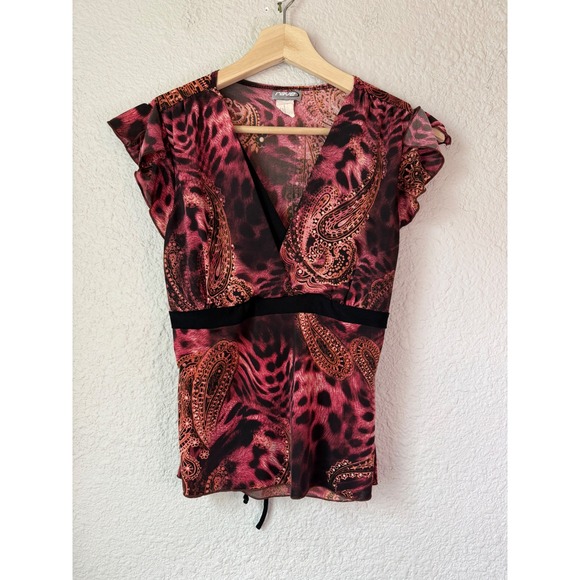 rave Tops - Vintage Y2K Rave Women Babydoll Paisley Leopard Print Empire Waist Top M